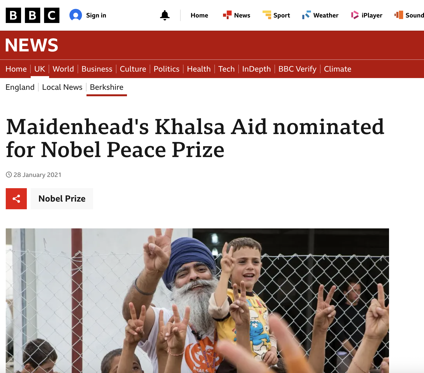 Maidenhead's Khalsa Aid nominated for Nobel Peace Prize